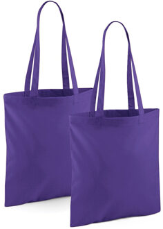 Draagtasje met hengsels - 2x - paars - 42 x 38 cm - katoen - 10 liter - boodschappen - gymtas