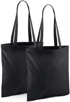 Draagtasje met hengsels - 2x - zwart - 42 x 38 cm - katoen - 10 liter - boodschappen - gymtas