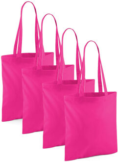 Draagtasje met hengsels - 4x - fuchsia roze - 42 x 38 cm - katoen - 10 liter - boodschappen - gymtas