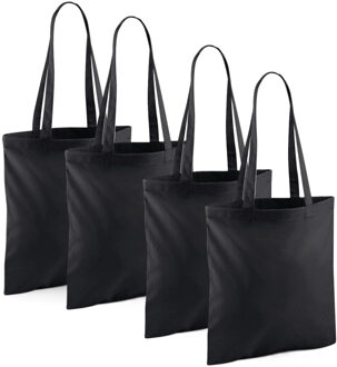 Draagtasje met hengsels - 4x - zwart - 42 x 38 cm - katoen - 10 liter - boodschappen - gymtas