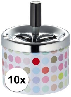 Draaiasbak - 10x - stippen - met zilveren deksel - D9 x H12 cm - metaal - asbakken