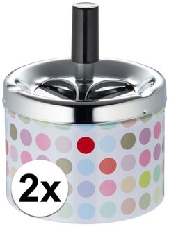 Draaiasbak - 2x - stippen - met zilveren deksel - D9 x H12 cm - metaal - asbakken