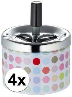 Draaiasbak - 4x - stippen - met zilveren deksel - D9 x H12 cm - metaal - asbakken