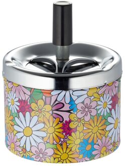 Draaiasbak - bloemetjes - met zilveren deksel - D9 x H12 cm - metaal - asbakken Multi