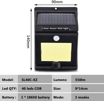 Draaien Solar Licht Bewegingssensor Straat Outdoor Wandlamp SMD2835 40 Led 10W Ingebouwde Batterij Waterdichte IP65 Aangedreven zonlicht 40 led COB / 1stk