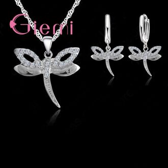 Dragonfly Vorm Prachtige Dames Crystal Sieraden Sets 925 Sterling Zilver Loop Earring & Ketting