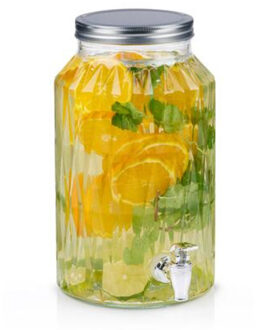 Drank/water/sap dispenser Beverages - 5.5 Liter - bewerkt deco glas - tapkraan/deksel zilver