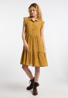 dreimaster Blouse jurk Dames Donkergeel veelkleurig - maat Mosterdgeel