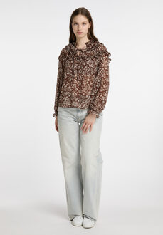 dreimaster Blouse met ruches bridgeport Dames Donkerbruin wit Donker Bruin - L