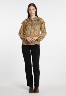 dreimaster Blouse met ruches bridgeport Dames Mosterd wit Mosterdgeel - L