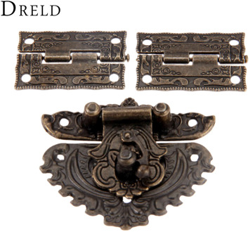 DRELD Antique Bronze Furniture Hardware Box Latch Hasp Toggle Buckle + 2Pcs Decorative Cabinet Hinges for Jewelry Wooden Box