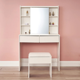 Dressing Table with Push-pull Mirror + Stool Makeup Desk Wooden Vanity Table Cosmetic Table 3 Storage Shelves and 2 Drawers