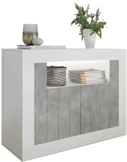 Dressoir Urbino 110 cm breed in hoogglans wit met grijs beton Wit,Hoogglans wit