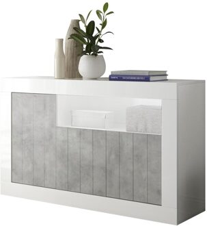 Dressoir Urbino 138 cm breed in hoogglans wit met grijs beton Wit,Hoogglans wit