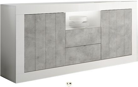 Dressoir Urbino 184 cm breed in hoogglans wit met grijs beton Wit,Hoogglans wit