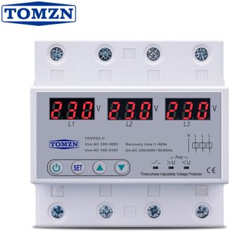 Drie Fase Voltmeter Verstelbare Over En Onder Voltage Protector 3 Fase Automatische Herstel Beschermende Apparaat Reset 63A 380V