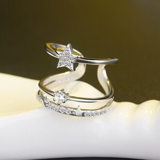 Drie Lagen Star Moon Charm Ring Hollow Open Verstelbare Vinger Band Zirkoon Crescent Shiny Wedding Ring Voor Vrouwen Sieraden 471
