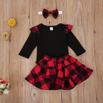 Drie Stuk Baby Meisje Kleding Verse Effen Kleur Lange Mouwen Jumpsuit + Plaid Korte Rok + Hoofdband Kerst herfst Outfits Rood / 6m