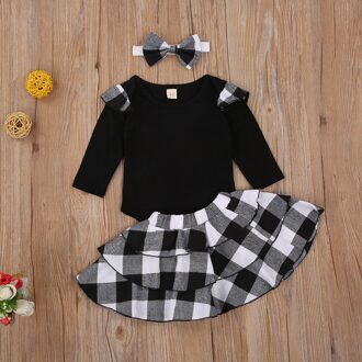 Drie Stuk Baby Meisje Kleding Verse Effen Kleur Lange Mouwen Jumpsuit + Plaid Korte Rok + Hoofdband Kerst herfst Outfits wit / 9m