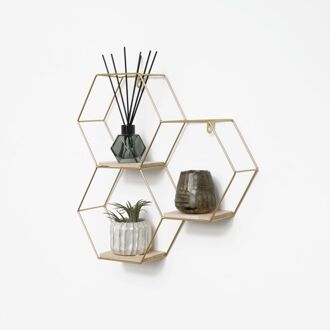 Driedubbel zeshoekig metalen wandrek met 3 houten plankjes - 40,5x41 cm - Goud Goudkleurig