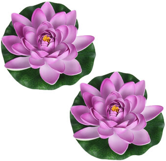 Drijvende kunst waterlelie bloemen - 2x - lila paars - D18 cm - Vijver decoratie - Nep bloemen - Wat