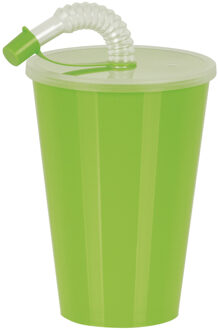 Drinkbeker met deksel en rietje - groen - kunststof - 450 ml - 12 x 9 cm