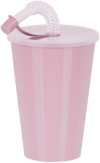 Drinkbeker met deksel en rietje - licht roze - kunststof - 450 ml - 12 x 9 cm