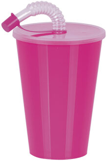 Drinkbeker met deksel en rietje - roze - kunststof - 450 ml - 12 x 9 cm Fuchsia