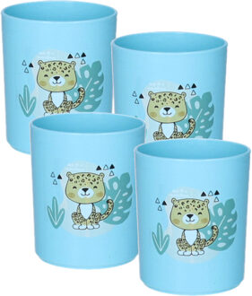 Drinkbekers - 4x - kunststof - 350 ml - blauw - luipaard - kinderen - camping