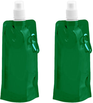Drinkfles/bidon - 2x - groen - navulbaar - opvouwbaar met haak - 400 ml - festival/outdoor