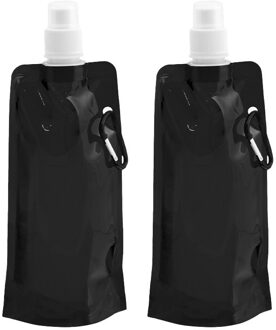 Drinkfles/bidon - 2x - zwart - navulbaar - opvouwbaar met haak - 400 ml - festival/outdoor