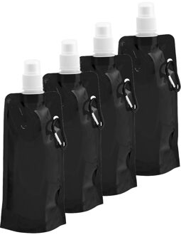 Drinkfles/bidon - 4x - zwart - navulbaar - opvouwbaar met haak - 400 ml - festival/outdoor