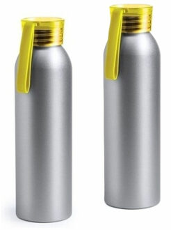 Drinkfles/waterfles - 2x - geel - aluminium - 650 ml - sportfles/sportbidon