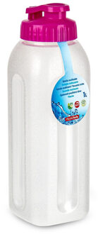 Drinkfles/waterfles/bidon - 1000 ml - transparant/roze - kunststof