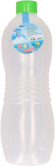 Drinkfles/waterfles/bidon - 1500 ml - transparant/groene dop - kunststof