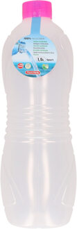 Drinkfles/waterfles/bidon - 1500 ml - transparant/roze dop - kunststof