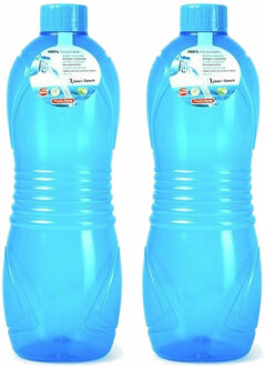 Drinkfles/waterfles/bidon - 2x - 1000 ml - transparant/blauw - kunststof