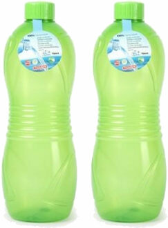 Drinkfles/waterfles/bidon - 2x - 1000 ml - transparant/groen - kunststof
