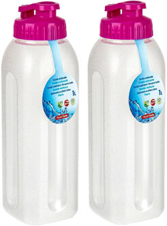 Drinkfles/waterfles/bidon - 2x - 1000 ml - transparant/roze - kunststof