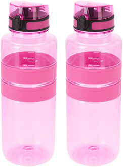 Drinkfles/waterfles/bidon - 2x - 1500 ml - roze - kunststof