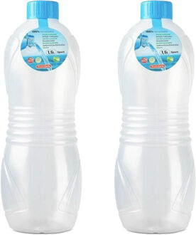 Drinkfles/waterfles/bidon - 2x stuks - 1500 ml - transparant/blauwe dop - kunststof