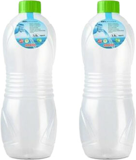 Drinkfles/waterfles/bidon - 2x stuks - 1500 ml - transparant/groene dop - kunststof