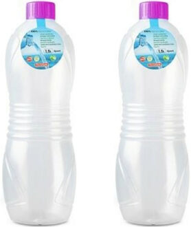Drinkfles/waterfles/bidon - 2x stuks - 1500 ml - transparant/rozee dop - kunststof