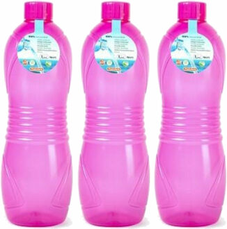 Drinkfles/waterfles/bidon - 3x - 1000 ml - transparant/roze - kunststof
