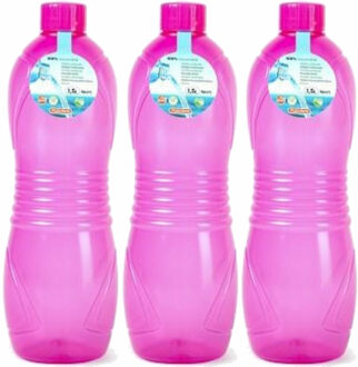 Drinkfles/waterfles/bidon - 3x - 1500 ml - transparant/roze - kunststof