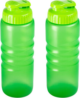 Drinkfles/waterfles/bidon met druksluiting - 2x stuks - 650 ml - transparant/groen - kunststof