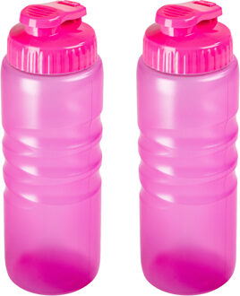 Drinkfles/waterfles/bidon met druksluiting - 2x stuks - 650 ml - transparant/roze - kunststof