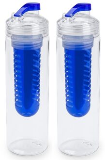 Drinkfles/waterfles met fruitfilter - 2x - 700 ml - infuser - Fruitwater fles - transparant/blauw