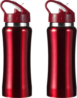 Drinkfles/waterfles Sportbidon - Set van 2x stuks - metallic rood - RVS - Waterflessen - Hoge kwalit