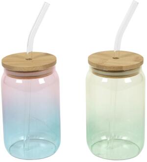 Drinkglas met rietje en deksel Ø7,6x13cm verschillende